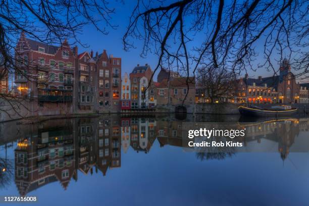 old harbour of rotterdam ( delfshaven ) with zakkendragershuisje and pelgrimskerk at night - kale boom 個照片及圖片檔