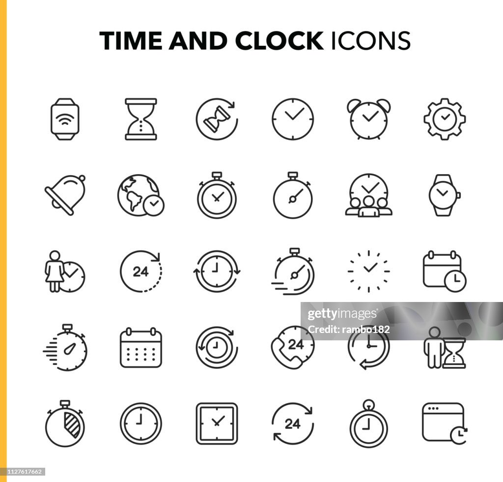 Zeit und Uhr Linie Symbole. Editierbare Schlaganfall. Pixel Perfect. Für Mobile und Web. Ikonen wie Uhr, Zeit, Termin, Kalender, Smartwatch enthält.