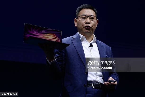 Richard Yu, the CEO of Huawei's consumer products shows the new MateBook X Pro during the second day at the mobile World Congress 2019 in Barcelona,...
