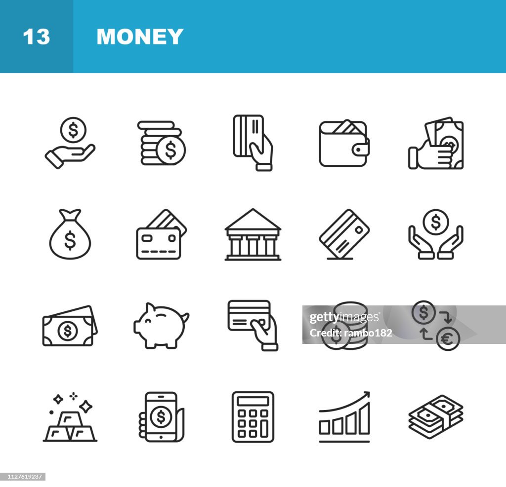 Geld-Linie-Icons. Editierbare Schlaganfall. Pixel Perfect. Für Mobile und Web. Enthält Ikonen wie Geld, Brieftasche, Wechselstube, Banking, Finance.