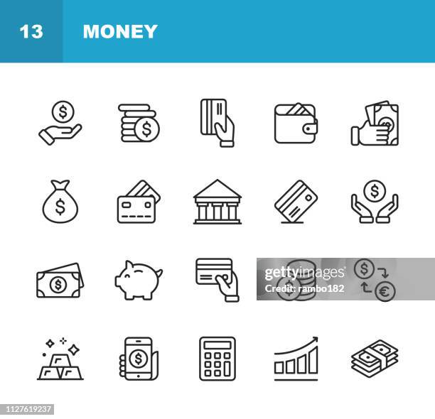 ilustraciones, imágenes clip art, dibujos animados e iconos de stock de iconos de línea de dinero. movimiento editable. pixel perfect. para web y móvil. contiene iconos como dinero, cartera, cambio de moneda, banca, finanzas. - actividad de negocio