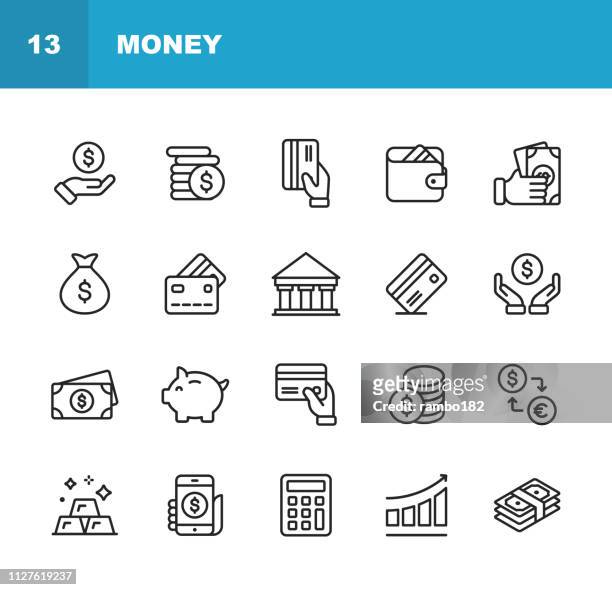money line icons. editable stroke. pixel perfect. for mobile and web. contains such icons as money, wallet, currency exchange, banking, finance. - financiën stock illustrations