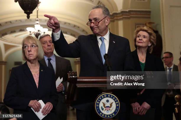 Senate Minority Leader Sen. Chuck Schumer speaks to members of the media as Sen. Patty Murray , Senate Minority Whip Sen. Richard Durbin and Sen....