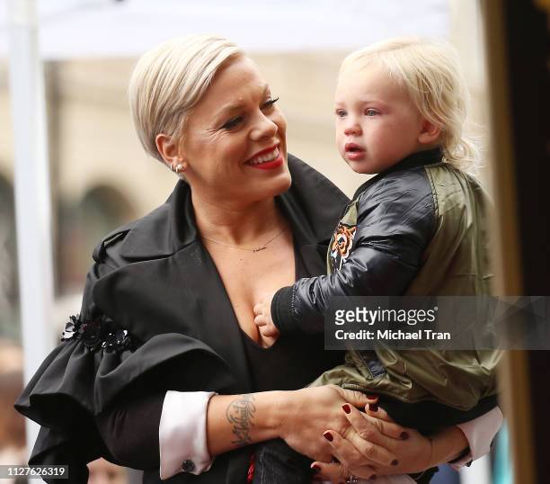 Alecia Beth Moore aka Pink with her son, Jameson Moon Hart attend the ceremony honoring Pink with a Star on The Hollywood Walk of Fame held on...