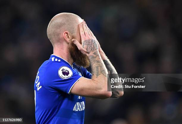 Aron Gunnarsson of Cardiff City reacts during the Premier League match between Cardiff City and Everton FC at Cardiff City Stadium on February 26,...