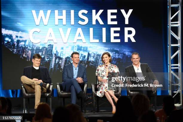 Bill Lawrence, Scott Foley, Lauren Cohan and David Hemingson of the television show 'Whiskey Cavalier' speak during the ABC segment of the 2019...