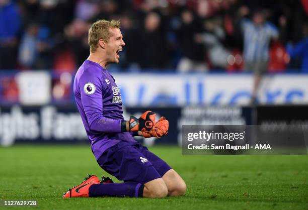 Jonas Lossl of Huddersfield Town celebrates during the Premier League match between Huddersfield Town and Wolverhampton Wanderers at John Smith's...