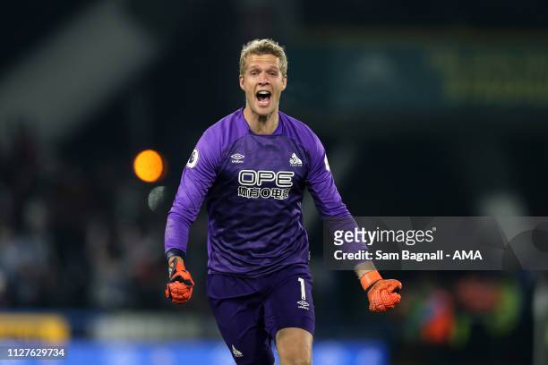 Jonas Lossl of Huddersfield Town celebrates during the Premier League match between Huddersfield Town and Wolverhampton Wanderers at John Smith's...