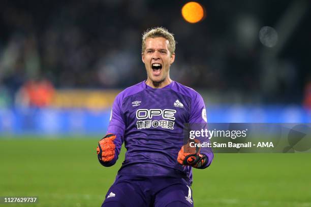 Jonas Lossl of Huddersfield Town celebrates during the Premier League match between Huddersfield Town and Wolverhampton Wanderers at John Smith's...