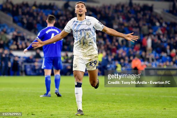 Dominic Calvert-Lewin of Everton celebrates his goal during the Premier League match between Cardiff City and Everton at The Cardiff City Stadium on...