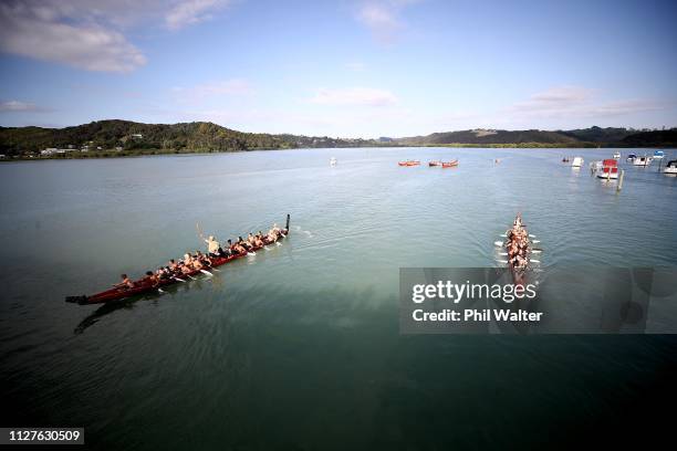 Procession of traditional maori Waka are pictured in the bay at Waitangi on February 06, 2019 in Waitangi, New Zealand. The Waitangi Day national...
