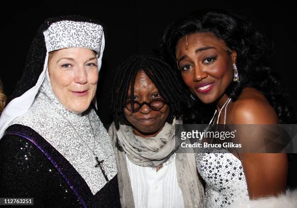 Victoria Clark as "Mother Superior", Producer Whoopi Goldberg and Patina Miller as "Deloris Van Cartier" pose backstage on The Opening Night of...