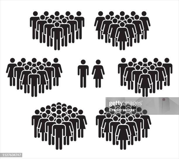 ilustraciones, imágenes clip art, dibujos animados e iconos de stock de ilustración de vector de grupo de personas estilizadas en color negro. - crowded