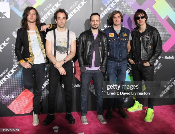 Musicians Nick Valensi, Albert Hammond Jr., Fabrizio Moretti, Nikolai Fraiture and Julian Casablancas of The Strokes attend the T-Mobile Sidekick 4G...