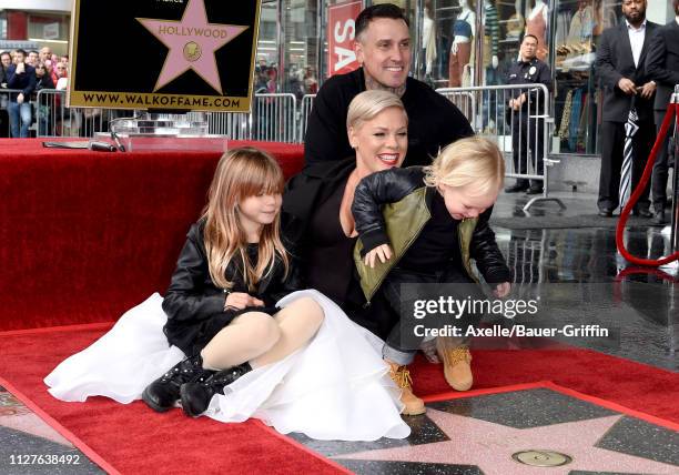 Pink, Carey Hart, Willow Sage Hart and Jameson Moon Hart attend the ceremony honoring Pink with Star on the Hollywood Walk of Fame on February 05,...