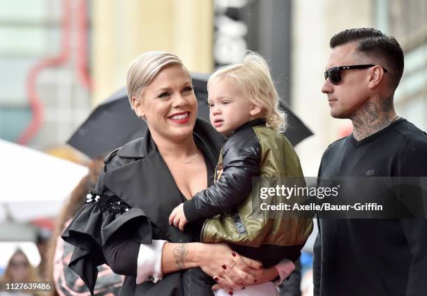 Pink, son Jameson Moon Hart and Carey Hart attend the ceremony honoring Pink with Star on the Hollywood Walk of Fame on February 05, 2019 in...