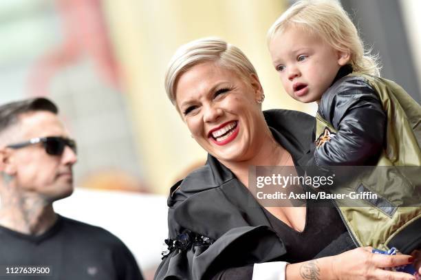 Pink, son Jameson Moon Hart and Carey Hart attend the ceremony honoring Pink with Star on the Hollywood Walk of Fame on February 05, 2019 in...