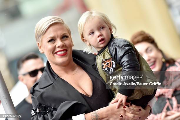 Pink and son Jameson Moon Hart attend the ceremony honoring Pink with Star on the Hollywood Walk of Fame on February 05, 2019 in Hollywood,...