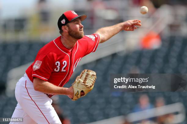 Zach Duke of the Cincinnati Reds pitches during a Spring Training game against the San Francisco Giants on Tuesday, February 26, 2019 at Goodyear...