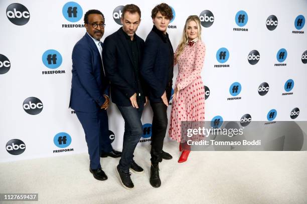 Tim Meadows, Bryan Callen, Brett Dier and AJ Michalka attends the Disney ABC Television Hosts TCA Winter Press Tour 2019 at The Langham Huntington...