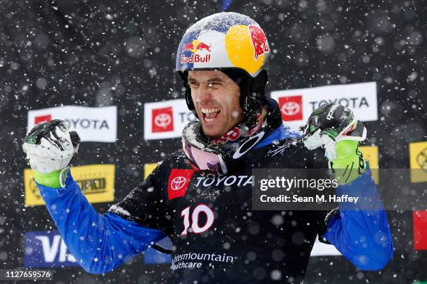 Roland Fischnaller of Italy celebrates on the podium after finishing second place in the Men's Parallel Slalom Final at the FIS Snowboard World...