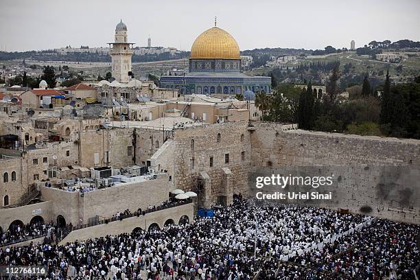 Thousands of Israelis attend the Annual Cohanim prayer, or Priest's blessing, for the Pesach holiday, on April 21, 2011. At the Western Wall in...