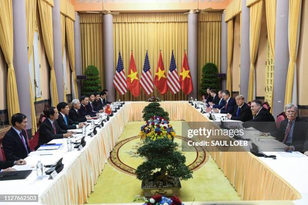 President Donald Trump holds a meeting with his Vietnamese counterpart Nguyen Phu Trong at the Presidential Palace in Hanoi on February 27 ahead of...