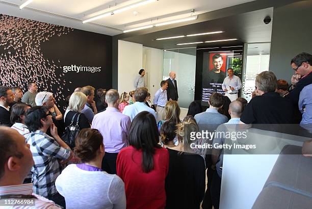 Senior Vice President, Editorial Imagery, Adrian Murrell addresses staff at the Getty Images London office prior to a minutes silence held in...