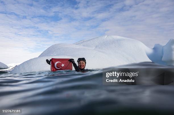 Sahika Ercumen, an internationally renowned Turkish diver, poses with a flag of Turkey during her free-diving training between the icebergs near...