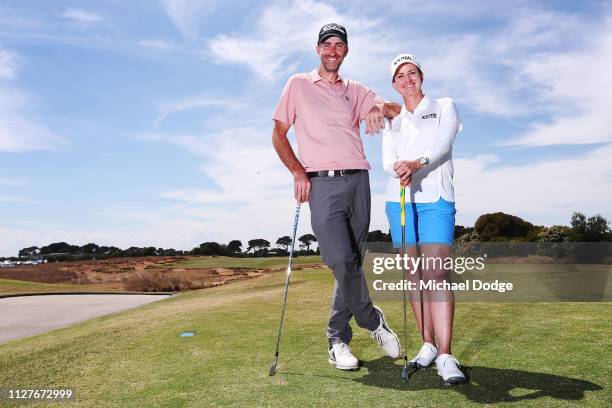 Golfers Geoff Ogilvy and Karrie Webb of Australia pose prior to the ISPS Handa Vic Open at 13th Beach Golf Club on February 06, 2019 in Geelong,...