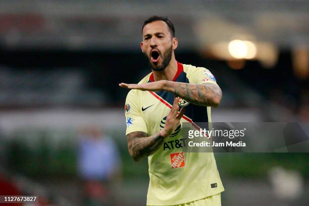 Victor Aguilera of America celebrates after scoring the first goal of his team during a match between Club America and Necaxa as part of the Copa MX...