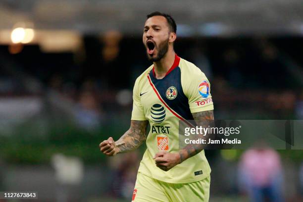 Victor Aguilera of America celebrates after scoring the first goal of his team during a match between Club America and Necaxa as part of the Copa MX...