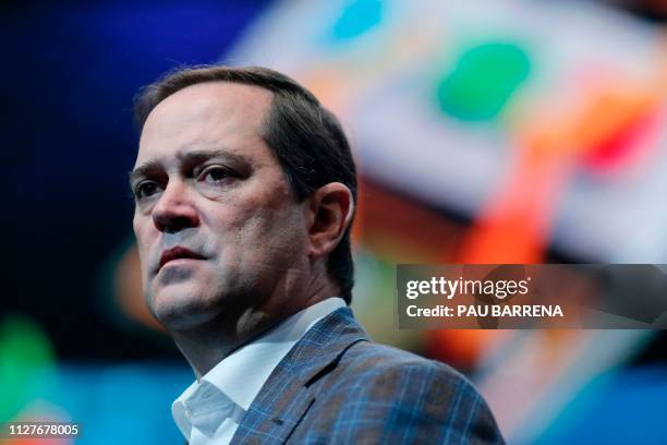 Cisco Systems chief executive officer Chuck Robbins delivers a keynote speech at the Mobile World Congress in Barcelona on February 27, 2019. - Phone...