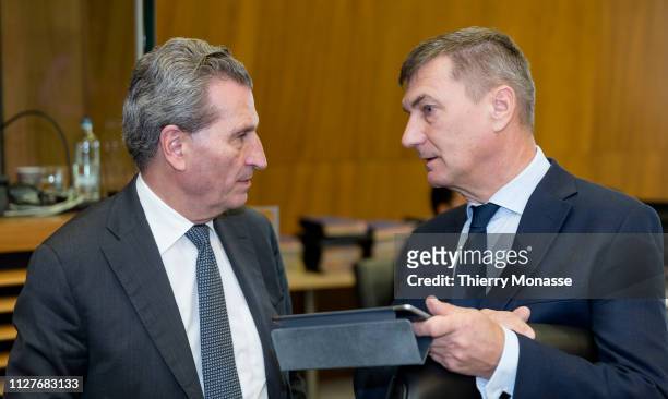Budget & Human Resources Commissioner Günther Oettinger is talking with the EU Digital Single Market Commissioner Andrus Ansip during the weekly...