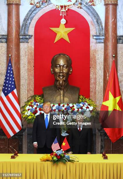 President Donald Trump and Vietnamese President Nguyen Phu Trong pose at the Presidential Palace on February 27, 2019 in Hanoi, Vietnam. U.S...