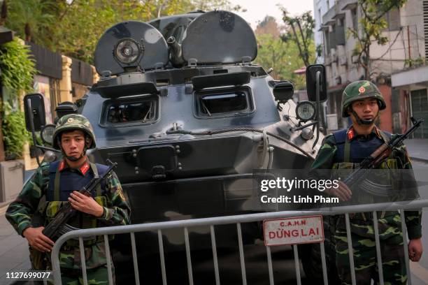 Vietnamese soldiers stand guard near the Sofitel Legend Metropole Hanoi where North Korean leader Kim Jong-un and U.S President Donald Trump met for...