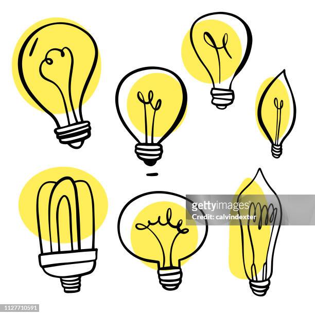 glühbirnen hand gezeichnete sammlung - glühbirne stock-grafiken, -clipart, -cartoons und -symbole