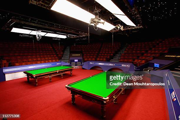 General view of the tables on day six of the Betfred.com World Snooker Championship at The Crucible Theatre on April 21, 2011 in Sheffield, England.