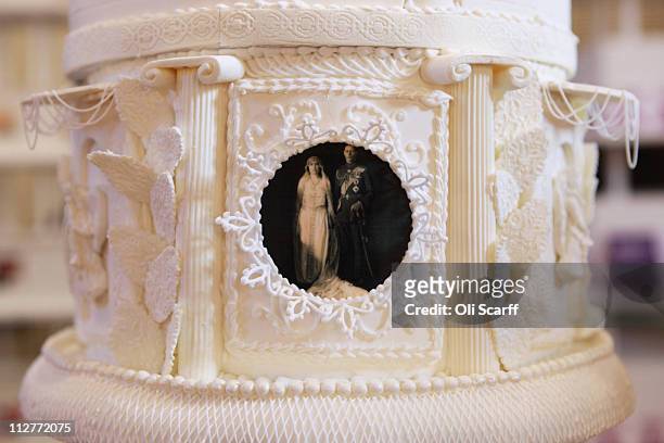 Detail of a replica wedding cake for Prince Albert, Duke of York and Lady Elizabeth Bowes-Lyon at an exhibition of Royal Wedding cakes on April 21,...