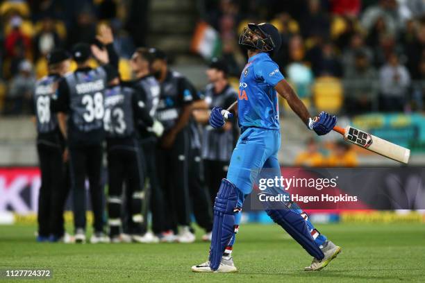 Vijay Shankar of India leaves the field after being dismissed during game one of the International T20 Series between the New Zealand Black Caps and...