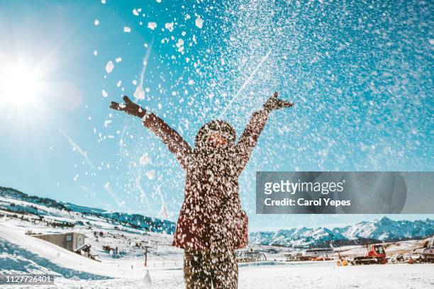 winter portrait of a teenager in snow - face snow stockfoto's en -beelden