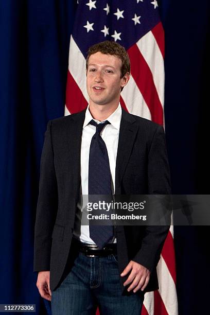 Mark Zuckerberg, co-founder and chief executive officer of Facebook Inc., arrives for a town hall event with U.S. President Barack Obama at Facebook...