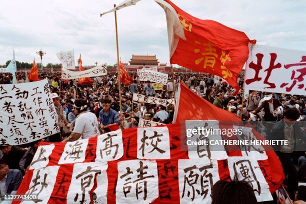 Chinese students from several universities gather on Tiananmen square to start an illimited hunger strike to demand a dialogue with the chinese...