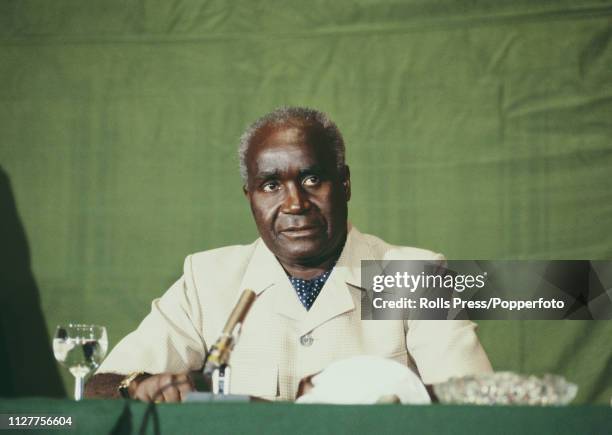 President of Zambia Kenneth Kaunda pictured addressing a press conference at the Hilton hotel in London on 16th May 1978. President Kaunda is in...