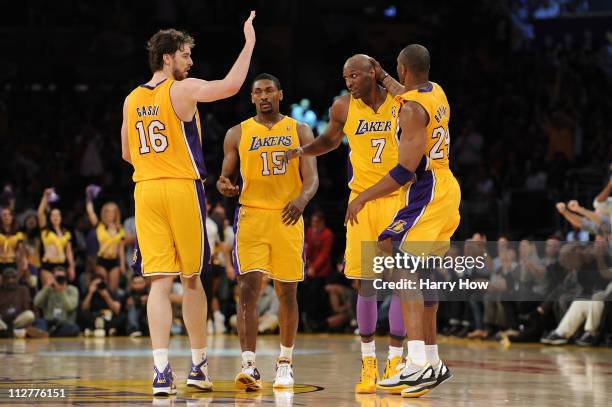 Pau Gasol, Ron Artest, Lamar Odom and Kobe Bryant of the Los Angeles Lakers celebrate while taking on the New Orleans Hornets in Game Two of the...