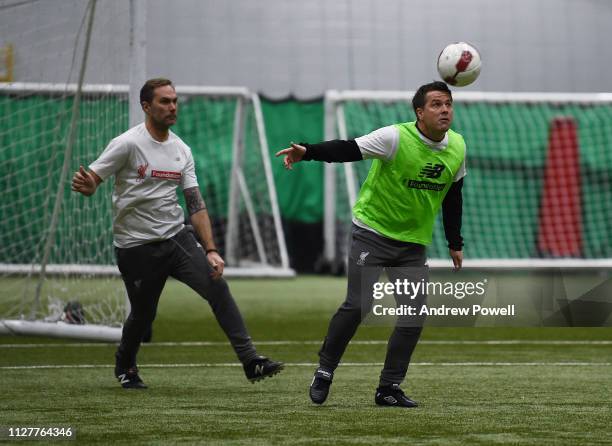 Jason McAteer and Michael Owen legends of Liverpool during a training session at The Kirkby Academy on February 06, 2019 in Kirkby, England.