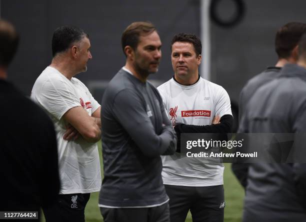 Jason McAteer and Michael Owen legends of Liverpool during a training session at The Kirkby Academy on February 06, 2019 in Kirkby, England.