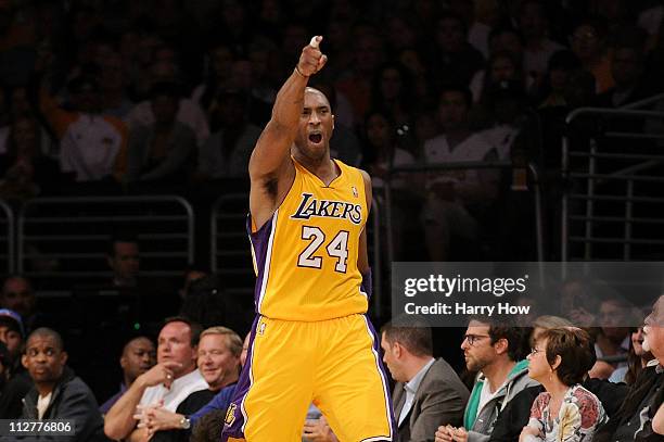 Kobe Bryant of the Los Angeles Lakers reacts in the second quarter while taking on the New Orleans Hornets in Game Two of the Western Conference...