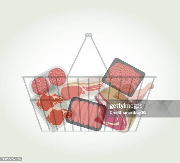 shopping basket with various meat products - saturated fat stock illustrations