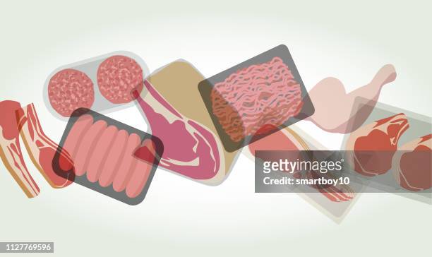 shopping basket/shopping trolley with various meat products - saturated fat stock illustrations